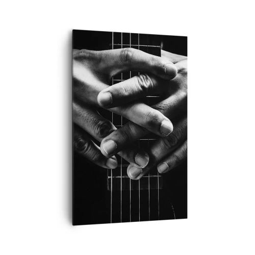 Impression sur toile - Image sur toile - Mains jointes sur une guitare dans un ton monochrome - 80x120cm - Prière d'artiste - Décoration murale moderne pour le salon et la chambre ARTTOR