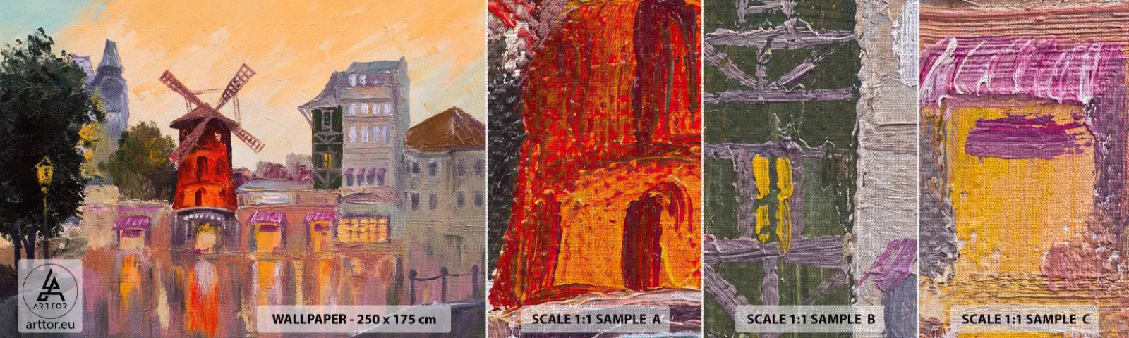 Échantillon de Papier Peint Premium Canvas - Icones parisiennes – le Moulin rouge - Paris, Ventilateur, Moulin Rouge - 100x30 cm