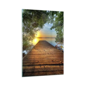Impression sur verre - Image sur verre - Une jetée en bois entourée de verdure au coucher du soleil - 80x120cm - Prenez votre temps, asseyez-vous - Décoration murale moderne pour le salon et la chambre ARTTOR