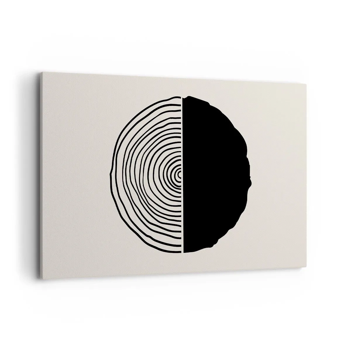 Impression sur toile - Image sur toile - Un motif abstrait en noir et blanc inspiré d'une coupe transversale de bois avec une division géométrique. - 120x80cm - Moitié-moitié - Décoration murale moderne pour le salon et la chambre ARTTOR