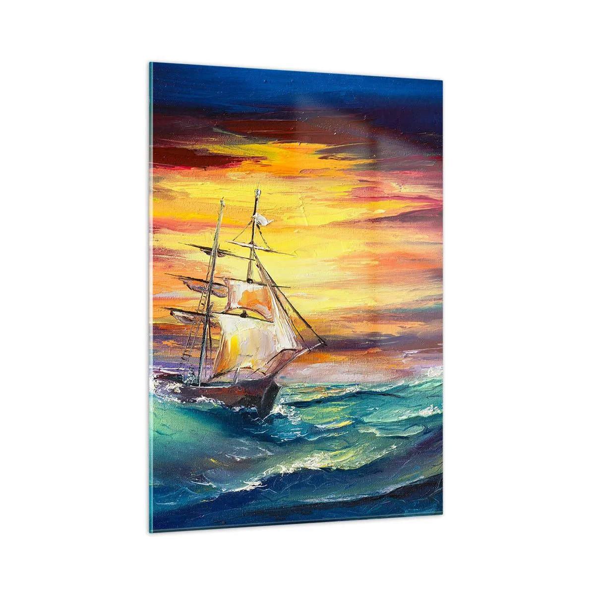 Impression sur verre - Image sur verre - Un navire sur une mer agitée au coucher du soleil - 50x70cm - Courageusement sous les vagues - Décoration murale moderne pour le salon et la chambre ARTTOR