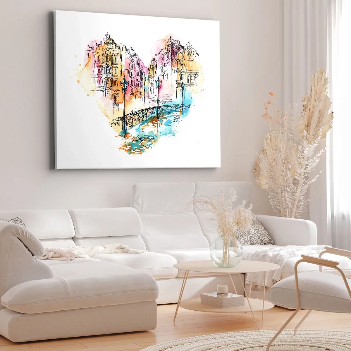Impression sur toile - Image sur toile - Aquarelle d'un pont et de maisons en forme de cœur - 120x80cm - Le coeur de la ville - Décoration murale moderne pour le salon et la chambre ARTTOR