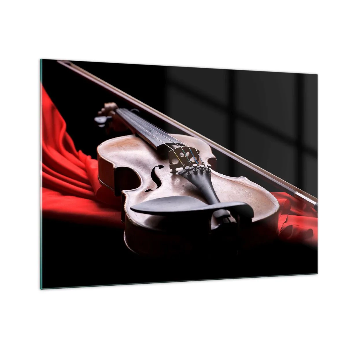 Impression sur verre - Image sur verre - Violon sur tissu rouge sur fond noir - 100x70cm - Musique des sentiments - Décoration murale moderne pour le salon et la chambre ARTTOR