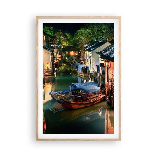 Affiche dans un chêne clair - Poster - Soirée dans une rue chinoise - 61x91 cm