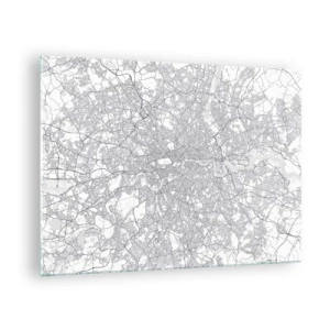 Impression sur verre - Image sur verre - Une carte en noir et blanc avec un quadrillage de rues dense dans un style minimaliste. - 70x50cm - Carte du labyrinthe londonien - Décoration murale moderne pour le salon et la chambre ARTTOR