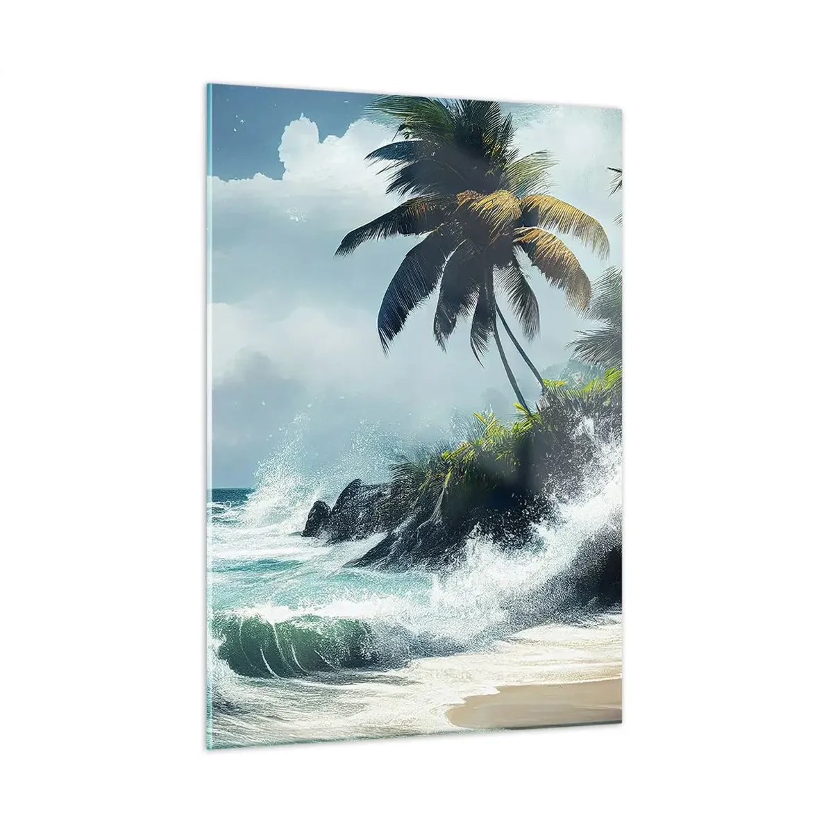 Impression sur verre - Image sur verre - Vagues s'écrasant contre les rochers près des palmiers sur une plage tropicale - 50x70cm - Sur une côte tropicale - Décoration murale moderne pour le salon et la chambre ARTTOR