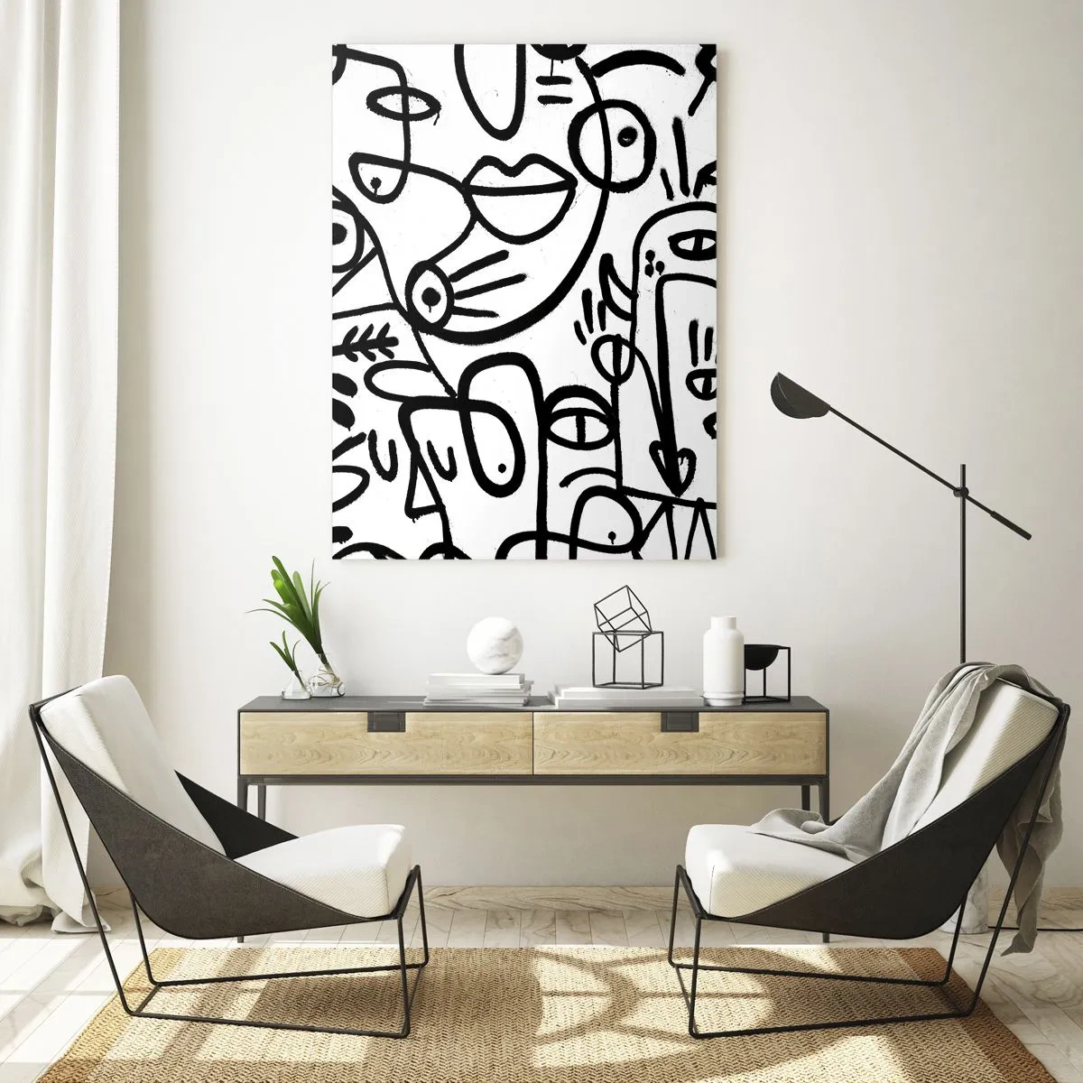 Impression sur verre - Image sur verre - Abstraction en noir et blanc avec des yeux, des visages et des lignes - 50x70cm - Visages et mirages - Décoration murale moderne pour le salon et la chambre ARTTOR