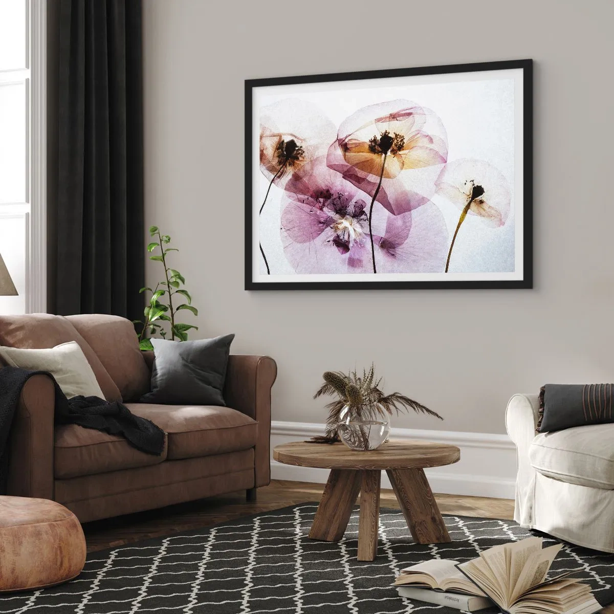 Affiche dans un cadre noir - Poster - Fleurs délicates et transparentes aux tons pastel - 100x70cm - Corps de fleurs transparente - Décoration murale moderne pour le salon et la chambre ARTTOR