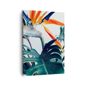 Impression sur toile - Image sur toile - Fleur de Strelitzia entourée de feuilles sous une lumière vive - 50x70cm - Le buisson oiseaux - Décoration murale moderne pour le salon et la chambre ARTTOR