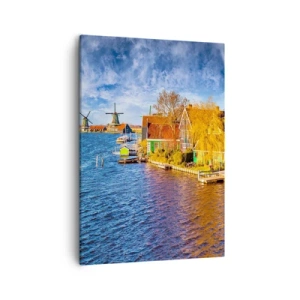 Impression sur toile - Image sur toile - Maisons pittoresques et moulins à vent au bord de l'eau - 50x70cm - C'est pareil depuis des lustres - Décoration murale moderne pour le salon et la chambre ARTTOR