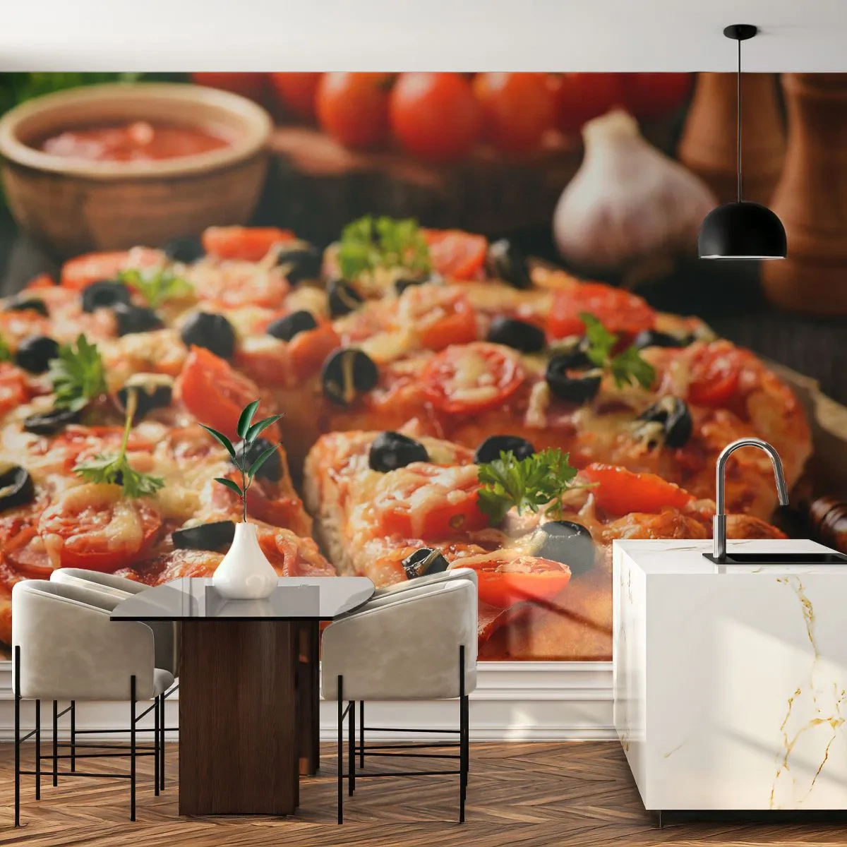 Papier Peint Photo Premium Sand - Pizza appétissante aux tomates, olives et herbes - 100x70cm - Tu t'en es encore tiré - Décoration murale moderne pour le salon et la chambre ARTTOR