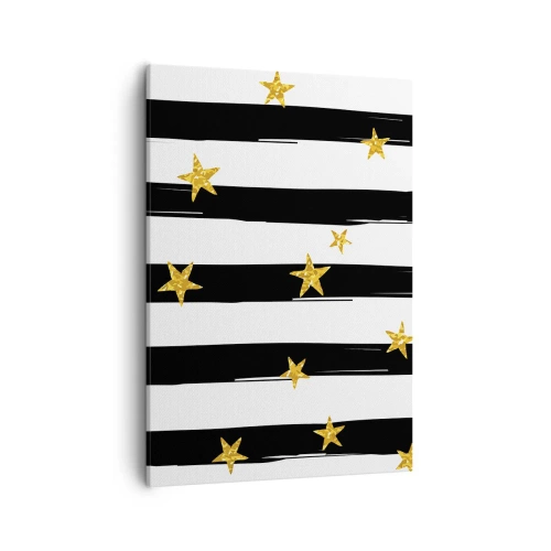 Impression sur toile - Image sur toile - Rayures noires et blanches avec étoiles dorées - 50x70cm - Nous sommes tous nés sous une bonne étoile - Décoration murale moderne pour le salon et la chambre ARTTOR