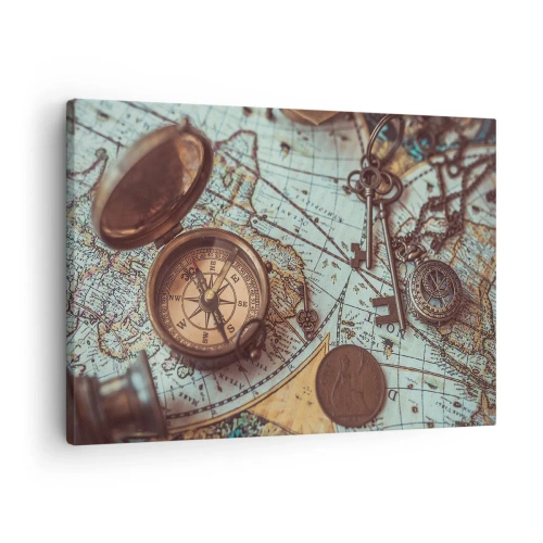 Impression sur toile - Image sur toile - Composition avec une boussole, des clés et une vieille carte dans un style rétro - 70x50cm - Pour ceux qui recherche l'aventure - Décoration murale moderne pour le salon et la chambre ARTTOR