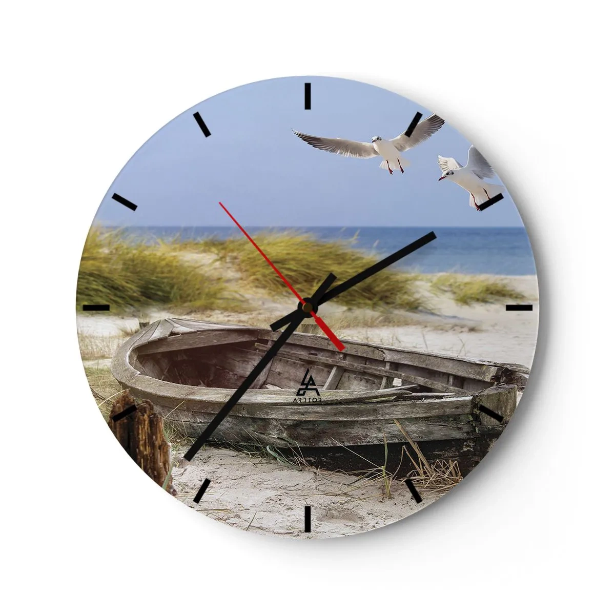 Horloge murale - Pendule murale - Un bateau sur une plage de sable avec des mouettes - 30x30cm - Bain de vent - Décoration murale moderne pour le salon, la cuisine et la chambre ARTTOR