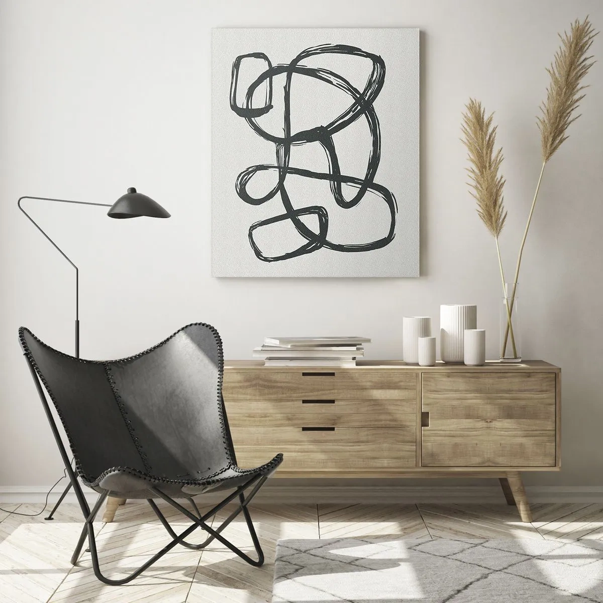 Impression sur verre - Image sur verre - Des boucles et des lignes noires forment une composition abstraite sur fond blanc. - 50x70cm - Abstraction en boucle - Décoration murale moderne pour le salon et la chambre ARTTOR