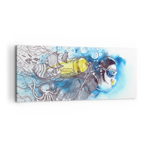 Impression sur toile - Image sur toile - Scène sous-marine avec un plongeur et des poissons exotiques - 120x50cm - Le grand bleu - Décoration murale moderne pour le salon et la chambre ARTTOR