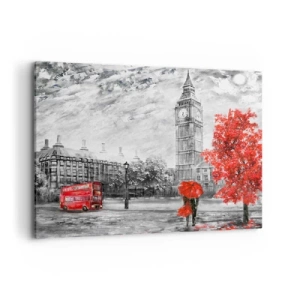 Impression sur toile - Image sur toile - Vue emblématique de Londres avec Big Ben, un bus rouge et un parapluie - 120x80cm - Une journée passionnante - Décoration murale moderne pour le salon et la chambre ARTTOR