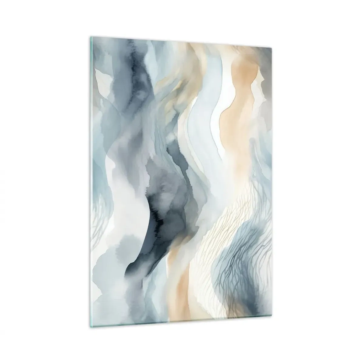 Impression sur verre - Image sur verre - Vagues abstraites dans les tons beige et bleu - 50x70cm - Abstraction enneigée et brumeuse - Décoration murale moderne pour le salon et la chambre ARTTOR