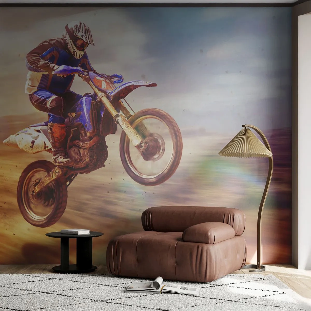 Papier Peint Photo Premium Sand - Un motocycliste dans les airs sur une piste tout-terrain dans une prise de vue dynamique - 100x70cm - Vertiges à moto - Décoration murale moderne pour le salon et la chambre ARTTOR