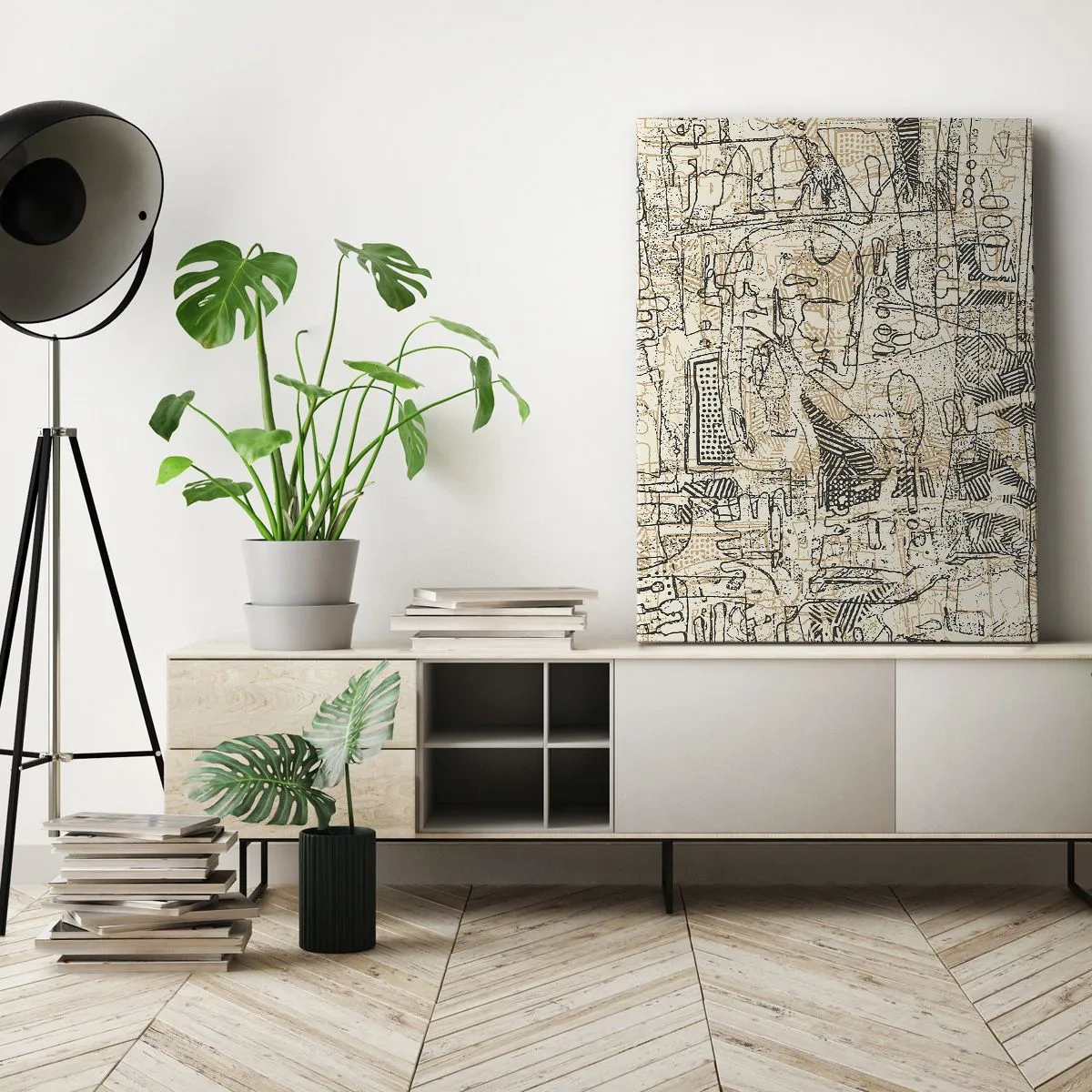 Impression sur toile - Image sur toile - Motifs abstraits et lignes sur fond beige - 80x120cm - Il attend d'être décodé - Décoration murale moderne pour le salon et la chambre ARTTOR