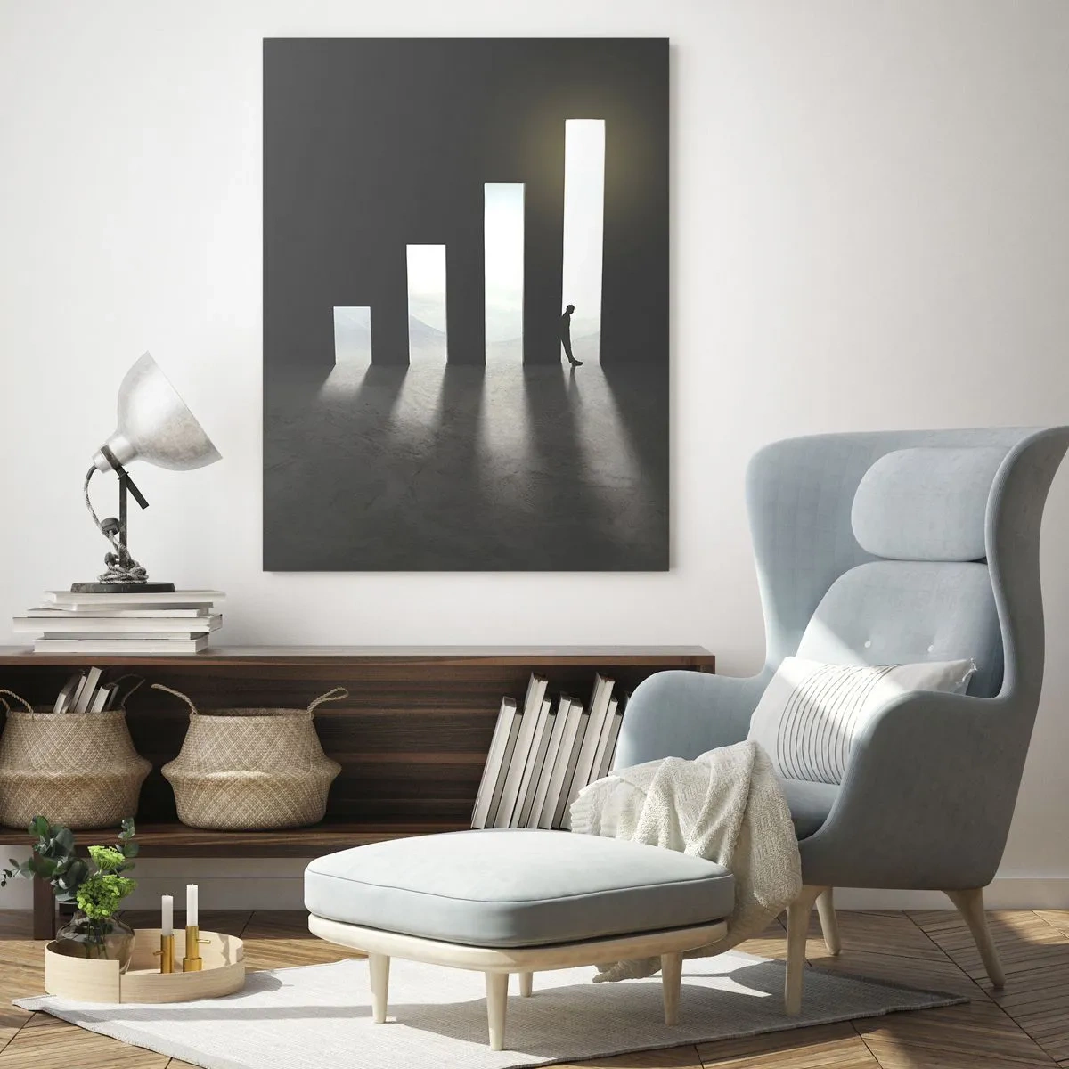 Impression sur verre - Image sur verre - Croissance symbolique sous forme de passages éclairés par la lumière - 70x100cm - Succès – impression - Décoration murale moderne pour le salon et la chambre ARTTOR