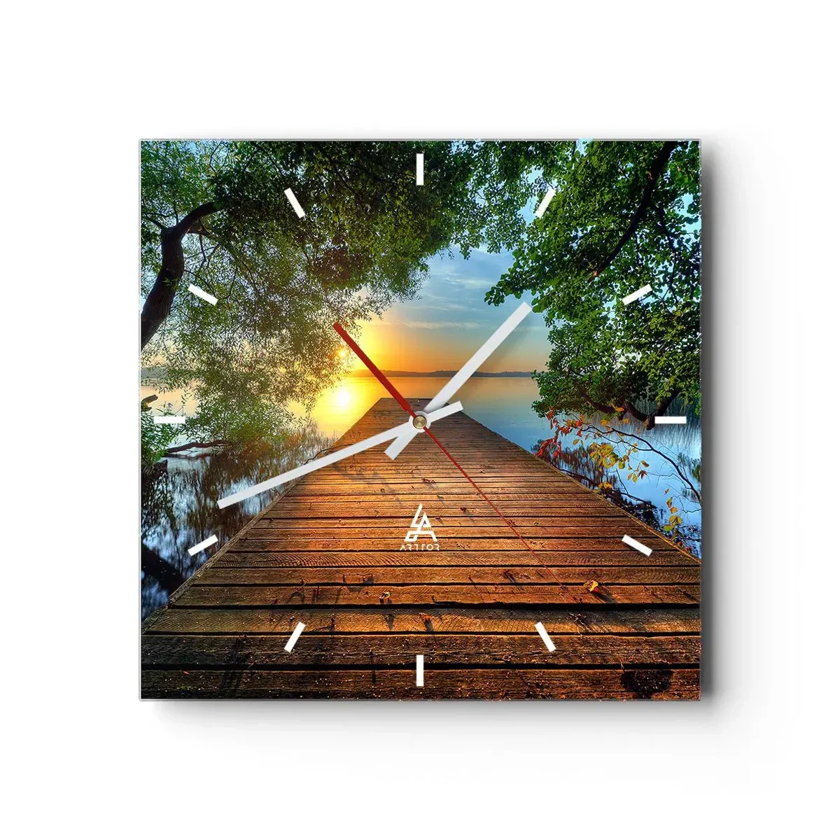 Horloge murale - Pendule murale - Une jetée en bois entourée de verdure au coucher du soleil - 30x30cm - Prenez votre temps, asseyez-vous - Décoration murale moderne pour le salon et la chambre ARTTOR