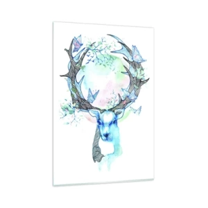 Impression sur verre - Image sur verre - Un graphique de cerf fantaisiste avec un motif de nature et de papillon - 80x120cm - La force et la délicatesse de la nature - Décoration murale moderne pour le salon et la chambre ARTTOR