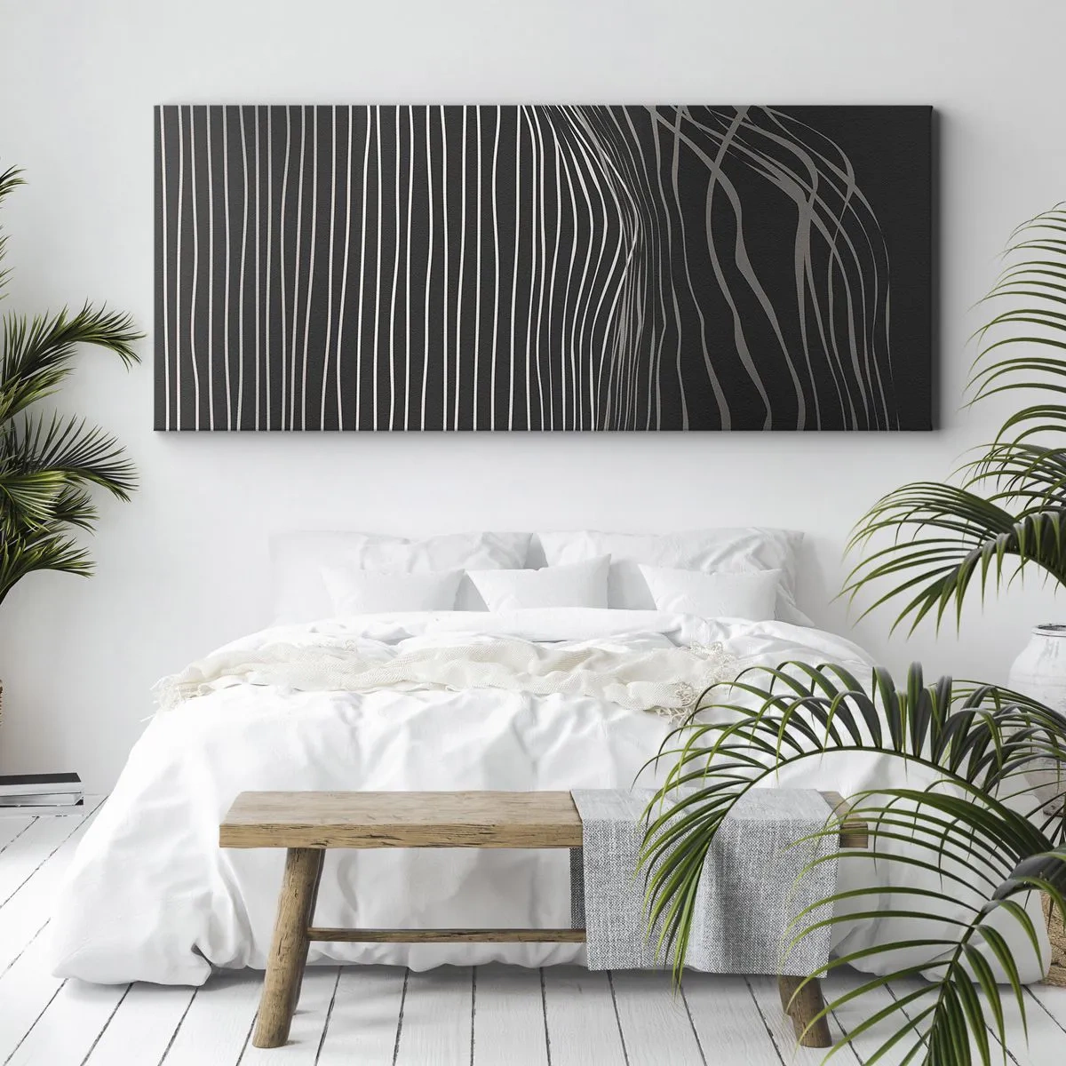 Impression sur toile - Image sur toile - Lignes blanches sur fond gris foncé dans un arrangement abstrait - 160x50cm - Rythme et accent - Décoration murale moderne pour le salon et la chambre ARTTOR
