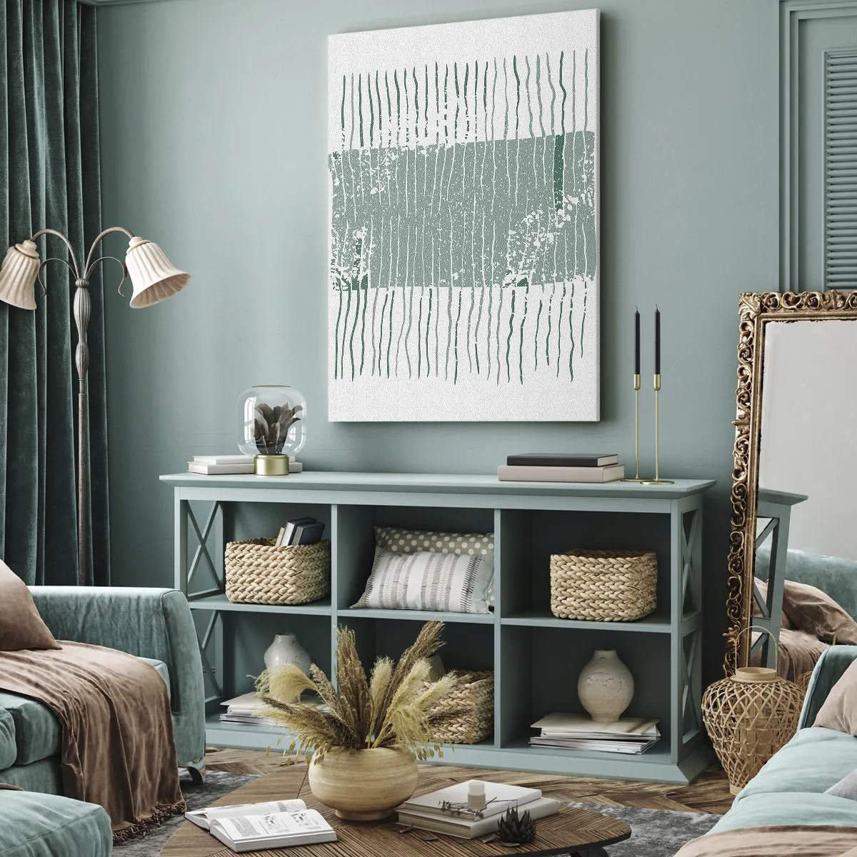 Impression sur toile - Image sur toile - Motif géométrique dans les tons vert mer et blanc - 50x70cm - Abstraction de la mer - Décoration murale moderne pour le salon et la chambre ARTTOR