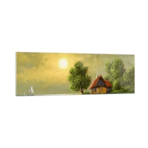 Impression sur verre - Image sur verre - Maison au bord du lac dans la lumière du coucher du soleil - 160x50cm - Beau, comme une image - Décoration murale moderne pour le salon et la chambre ARTTOR