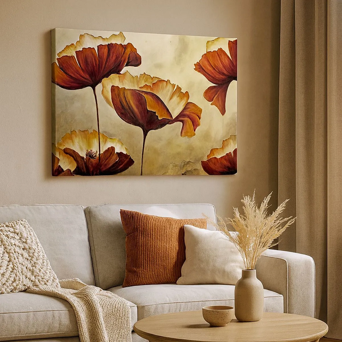 Impression sur toile - Image sur toile - Fleurs subtiles dans des tons de rouge et d'or sur un fond clair - 70x50cm - À la lisière des champs - Décoration murale moderne pour le salon et la chambre ARTTOR