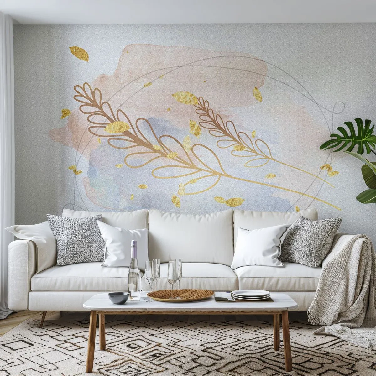 Papier Peint Photo Premium Sand - Feuilles et brindilles dorées sur un fond aquarelle pastel - 100x70cm - Explosion d'or - Décoration murale moderne pour le salon et la chambre ARTTOR