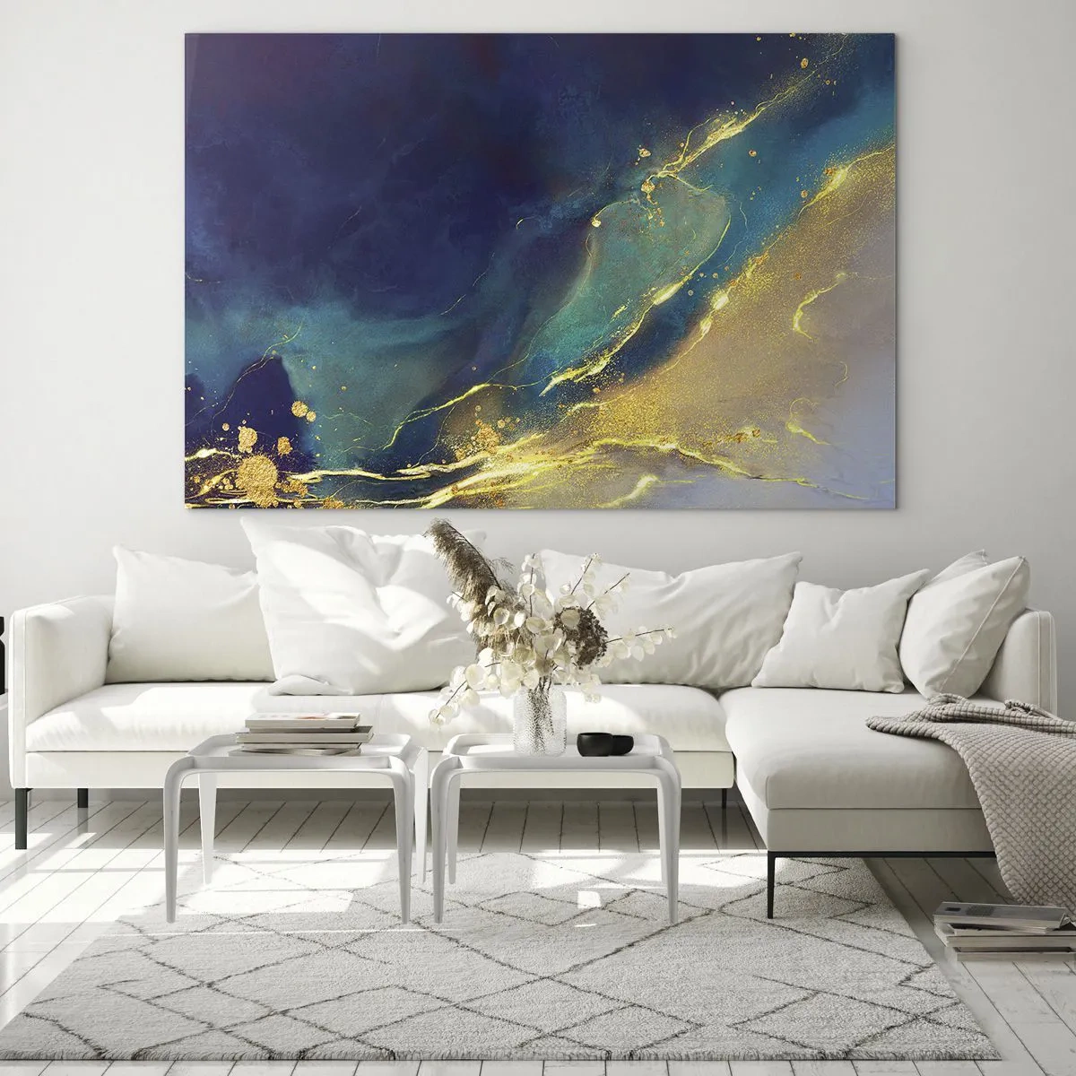 Impression sur verre - Image sur verre - Une composition abstraite dans les tons bleu marine, turquoise et or - 100x70cm - Coulée d'or - Décoration murale moderne pour le salon et la chambre ARTTOR
