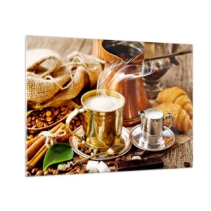 Impression sur verre - Image sur verre - Une tasse de café dorée avec du lait entourée de céréales et de croissants - 70x50cm - Bonne journée! - Décoration murale moderne pour le salon et la chambre ARTTOR