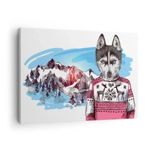 Impression sur toile - Image sur toile - Un loup dans un pull d'hiver sur fond de paysage de montagne - 70x50cm - Un loup en laine de mouton - Décoration murale moderne pour le salon et la chambre ARTTOR
