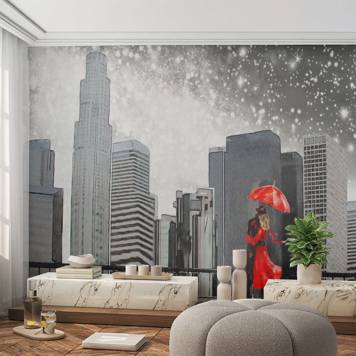 Papier Peint Photo Premium Sand - Un couple romantique en rouge sur fond de ville la nuit - 100x70cm - L'homme n'est pas une pierre - Décoration murale moderne pour le salon et la chambre ARTTOR