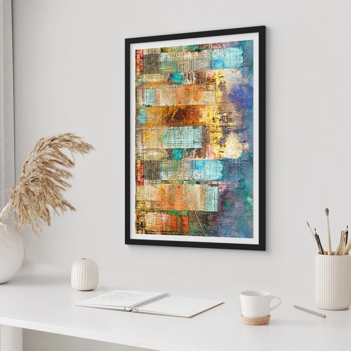 Affiche dans un cadre noir - Poster - Raie pastenague aquarelle dans des tons bleus sur fond clair - 50x70cm - Une métropole ensoleillée - Décoration murale moderne pour le salon et la chambre ARTTOR