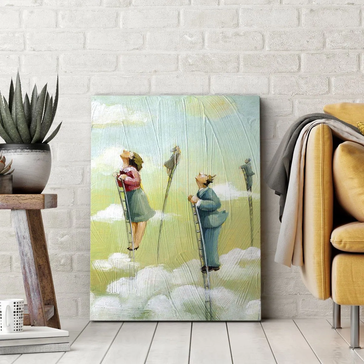 Impression sur toile - Image sur toile - Personnages grimpant sur des échelles parmi des nuages sur un fond pastel. - 80x120cm - Derrière ton rêve - Décoration murale moderne pour le salon et la chambre ARTTOR