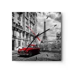Horloge murale - Pendule murale - Une voiture rouge avec la Tour Eiffel en arrière-plan dans un décor noir et blanc - 30x30cm - Prédateur dans la ville - Décoration murale moderne pour le salon et la chambre ARTTOR