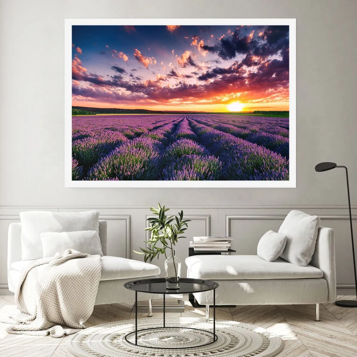 Affiche - Poster - Un champ de lavande au coucher du soleil avec un ciel coloré - 100x70cm - Monde de lavande - Décoration murale moderne pour le salon et la chambre ARTTOR