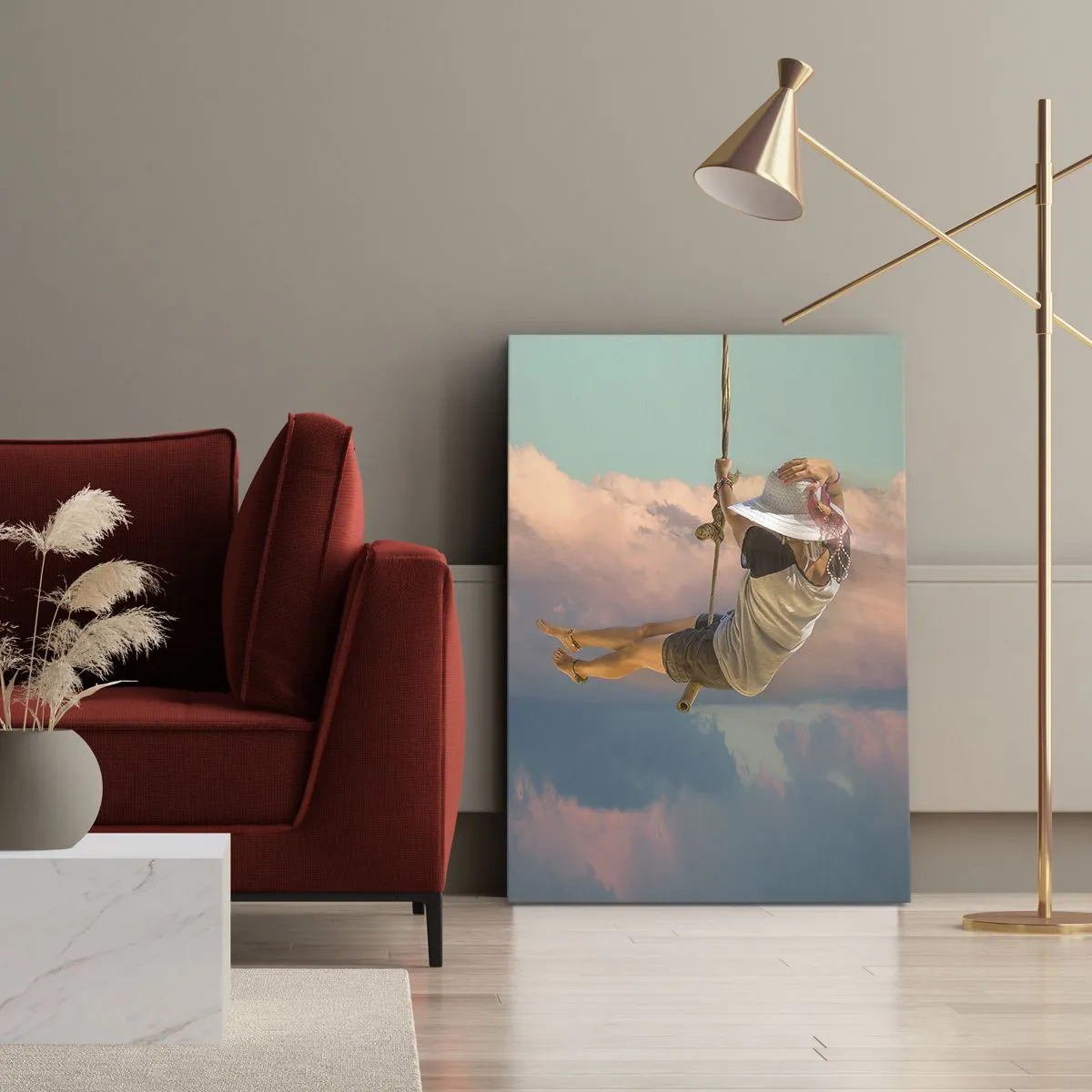 Impression sur toile - Image sur toile - Femme sur une balançoire parmi les nuages roses - 70x100cm - S'amuser dans les nuages - Décoration murale moderne pour le salon et la chambre ARTTOR