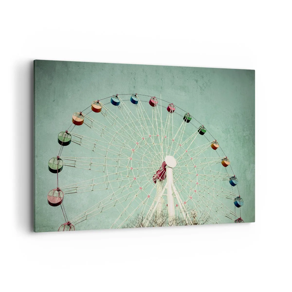 Impression sur toile - Image sur toile - Une grande roue colorée contre un ciel bleu dans un style rétro - 120x80cm - Nous vous invitons à vous amuser - Décoration murale moderne pour le salon et la chambre ARTTOR