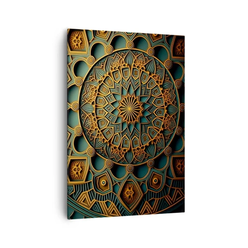Impression sur toile - Image sur toile - Un mandala doré sur fond turquoise avec des détails riches. - 70x100cm - Dans une ambiance arabe - Décoration murale moderne pour le salon et la chambre ARTTOR