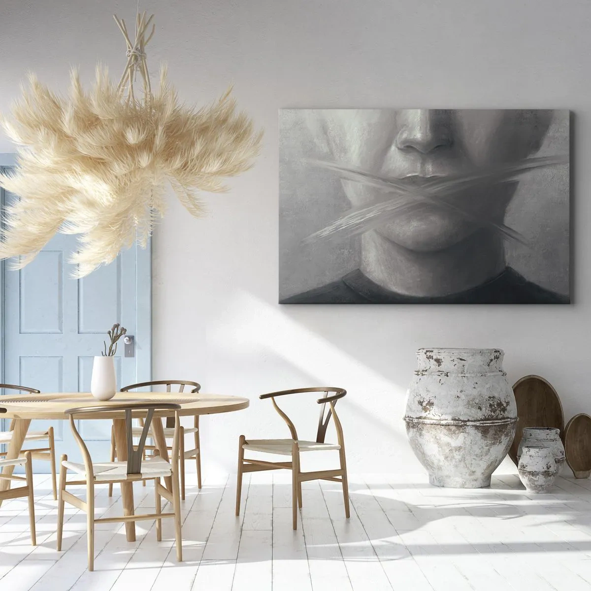 Impression sur toile - Image sur toile - Un portrait symbolique aux lèvres floues dans des tons gris. - 100x70cm - Sans mot - Décoration murale moderne pour le salon et la chambre ARTTOR