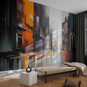 Papier Peint Photo Premium Sand - Une ville sous la pluie avec des reflets orange sur la rue mouillée - 100x70cm - Jour de pluie - Décoration murale moderne pour le salon et la chambre ARTTOR