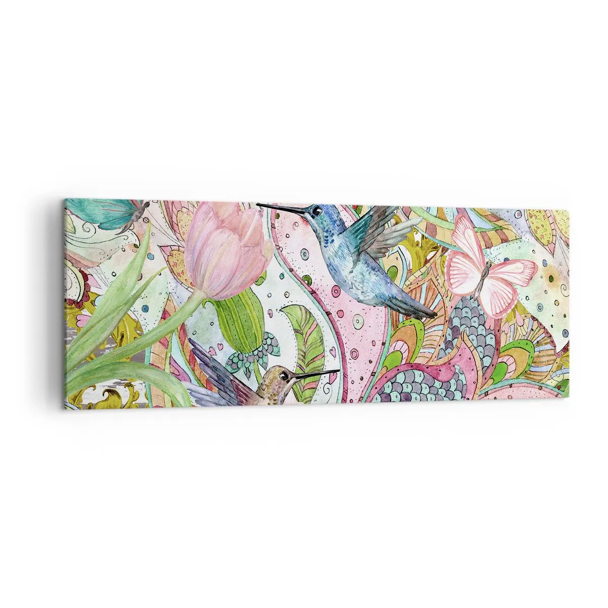 Impression sur toile - Image sur toile - Colibris et papillons colorés parmi les plantes - 140x50cm - Empêtré dans les vignes - Décoration murale moderne pour le salon et la chambre ARTTOR
