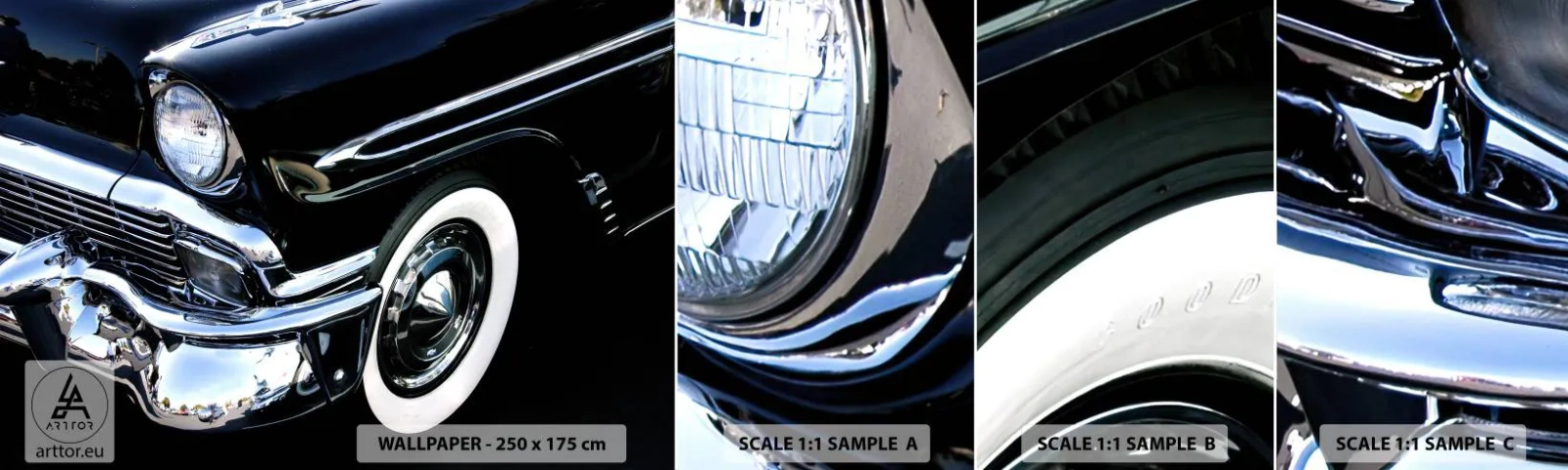 Échantillon De Papier Peint Standard Eco - Classique en argent, noir et blanc - Automobile, Voiture, blanc et noir - 100x30 cm