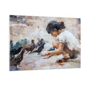 Impression sur verre - Image sur verre - Une fille nourrissant des oiseaux sur un fond impressionniste - 120x80cm - Les plus petits et les plus gentils - Décoration murale moderne pour le salon et la chambre ARTTOR