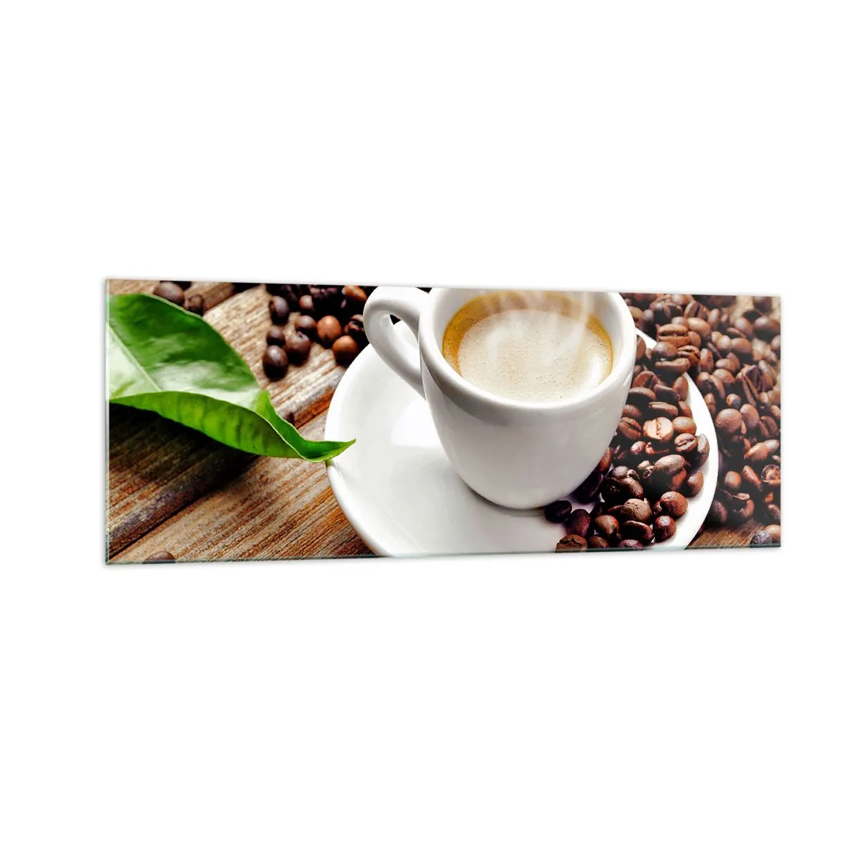 Impression sur verre - Image sur verre - Une tasse de café aromatique sur fond de grains et d'une feuille - 140x50cm - Café sur un banc - Décoration murale moderne pour le salon et la chambre ARTTOR
