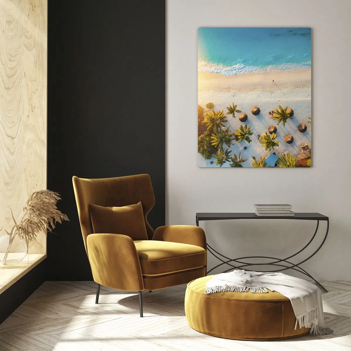 Impression sur verre - Image sur verre - Vue aérienne d'une plage tropicale avec palmiers et parasols - 50x70cm - Bienvenue au paradis - Décoration murale moderne pour le salon et la chambre ARTTOR